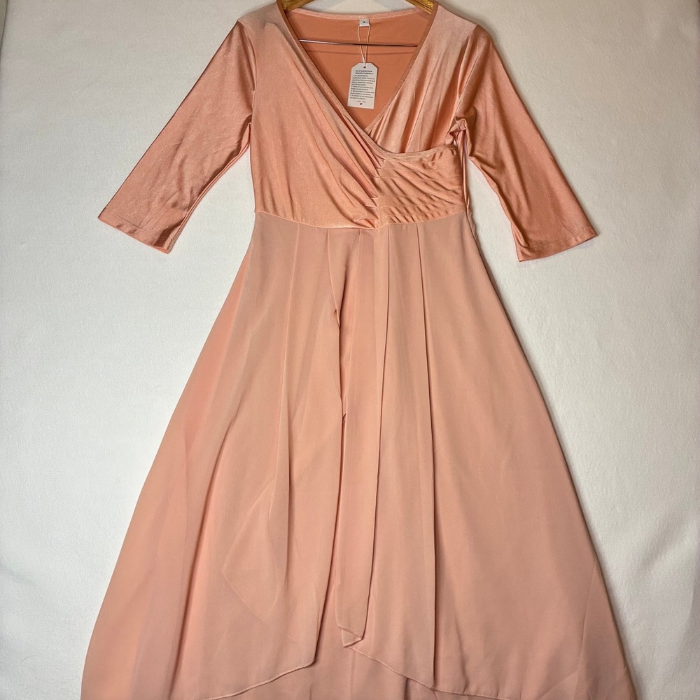 Elegant Dress Womens S Peach Faux Wrap V-Neck 3/4 Sleeve Pleated Maxi NWT